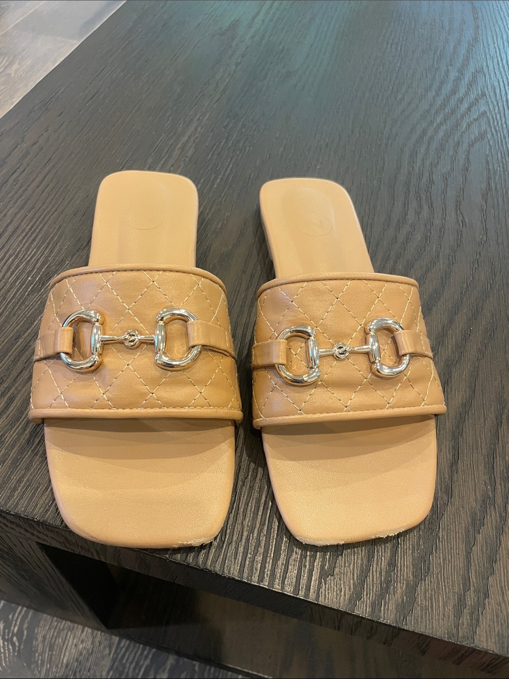 Quilted Tan Leather Slide Sandals with Silver Horsebit